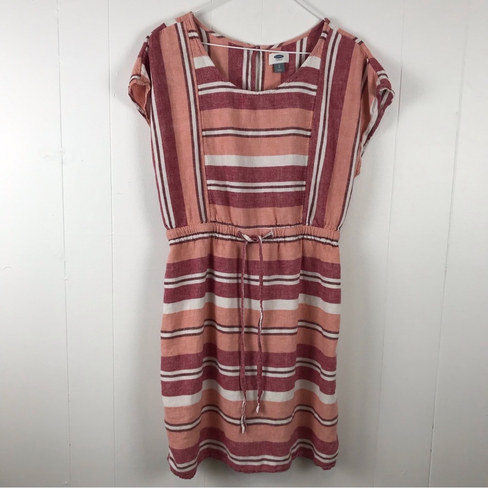 Old Navy Pink and Cream Striped Casual Drawstring Dress